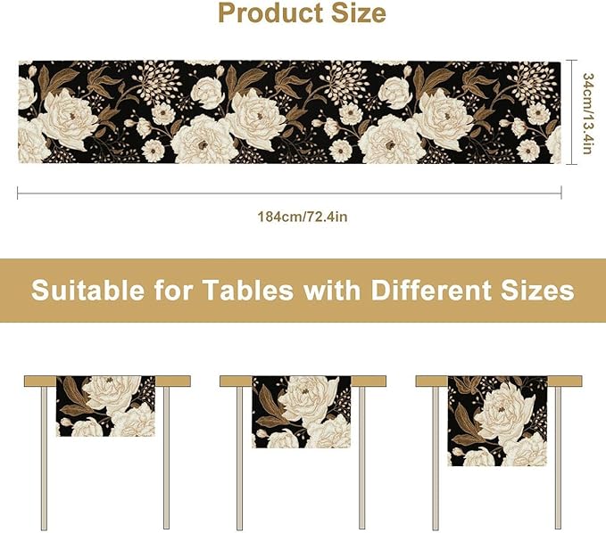 Vintage Flowers Table Runner,Black Gold Peony Rose Print Table Runner for Home Kitchen Table Dining Indoor Outdoor Party Decor 13x108 Inch