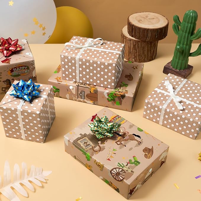 WERNNSAI Cowboy Wrapping Paper - 1 Roll 17” x 16.4ft Western Birthday Gift Wrap Men Boys Birthday Wrapping Paper Brown Cowboy Gift Packing Decoration Reversible Polka Dot Design