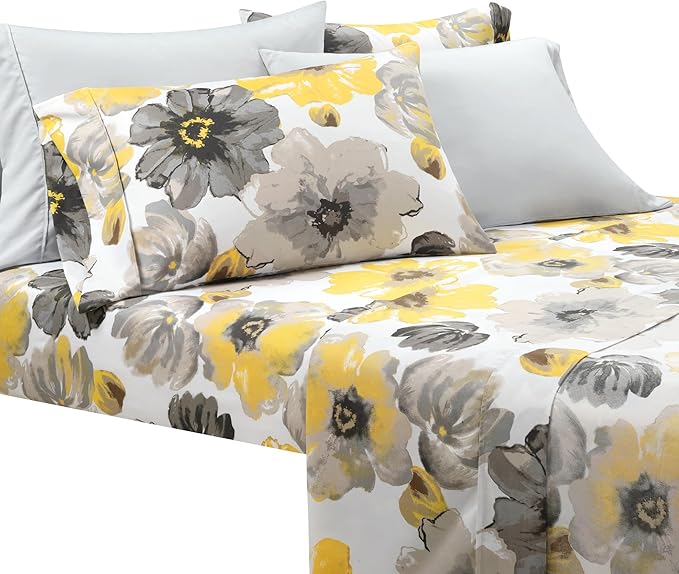 Lush Decor Leah Soft Floral Sheet Set, 6 Piece Set, Queen, Yellow & Gray- Queen Size Sheet Set - Printed Bedding - Watercolor Florals - Farmhouse Décor
