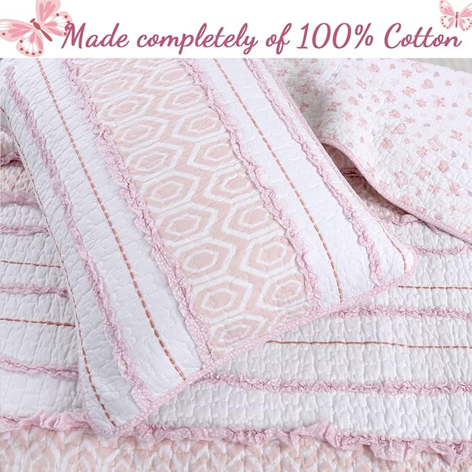 Cozy Line Home Fashions Pretty in Pink Girly Ruffle Stripped 100% Cotton Reversible Quilt Bedding Set, Coverlet, Bedspread (Pink Princess, Twin - 4 Piece: 1 Quilt + 1 Sham + 2 Decor Pillows)