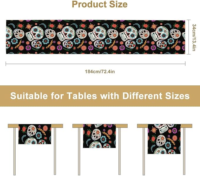 Gothic Skull Table Runner,Vintage Style Colourful Table Runner for Home Kitchen Table Dining Garden Farmhouse Wedding Party Decor 13x90 Inch