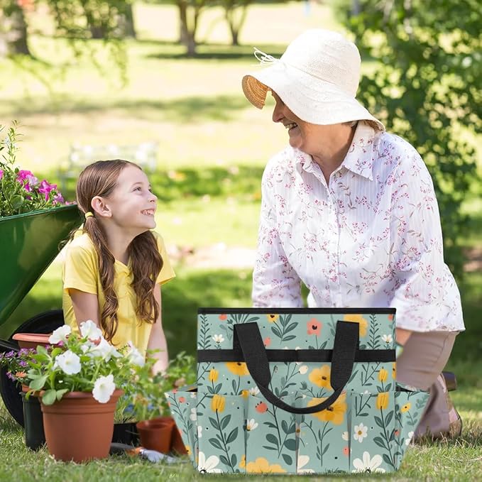 Garden Tool Bag Organizer Garden Tote Bag with Pockets Floral Patterned Flower Tool Storage Organizer Gardening Tool Kit Holder 13" x 6.8" x 2.8"
