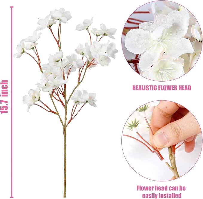 Sggvecsy Artificial Cherry Blossom Flowers 4 Pcs Faux Cherry Blossom Stems Faux Silk Cherry Blossom Branches 15.7’’ Fake Peach Flowers for Vase Arrangements Home Wedding Table Decor (White)