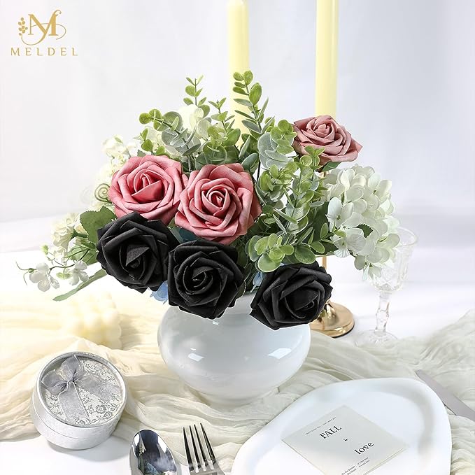 Meldel Artificial Flower 50pcs Real Touch Black Rose Fake Foam Roses with Stems for DIY Wedding Bouquets Gifts Bulk Crafts Faux Floral Centerpieces Arrangements Party Tables Home Halloween Decorations