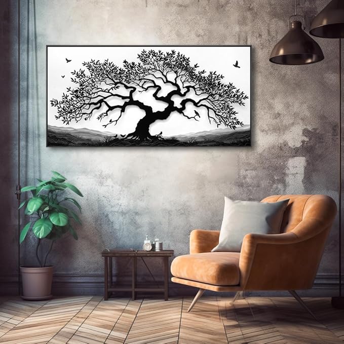 MooMel Wall Art Tree of Life White and Black Abstract Wall Art Canvas Painting for Living Room Bedroom Dining Room Home Office Decor Large Framed Ready to Hang 24"x48"