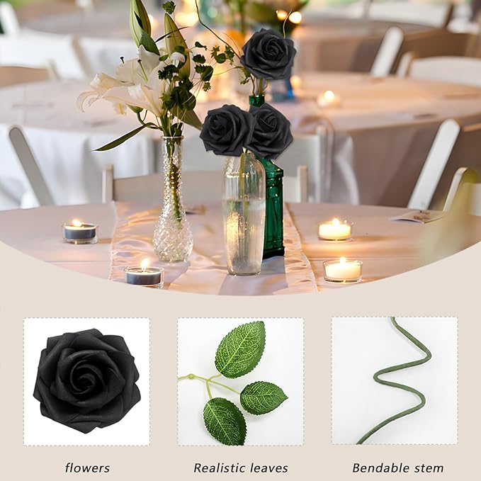 100PCS Black Artificial Flowers Roses Real Looking Foam Fake Roses with Leaves and for DIY Wedding Bouquets Bridal Shower Centerpieces Party Decorations (Black, 100)