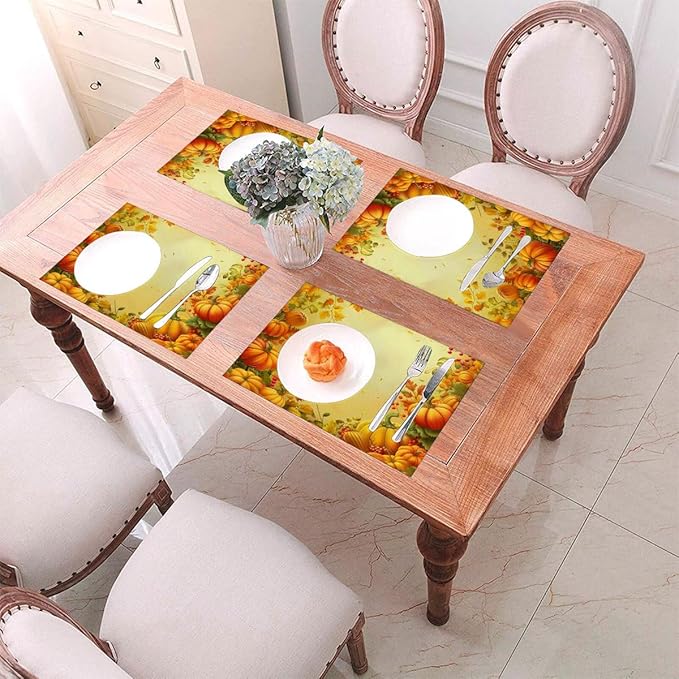 PVC Placemats Set of 1 Wipeable Table Mats Washable Heat Resistant Non Slip Vinyl Dining Table Mat for Kitchen Indoor Outdoor Patio Farmhouse Place Mats Thanksgiving Pumpkin Leaf Decorative