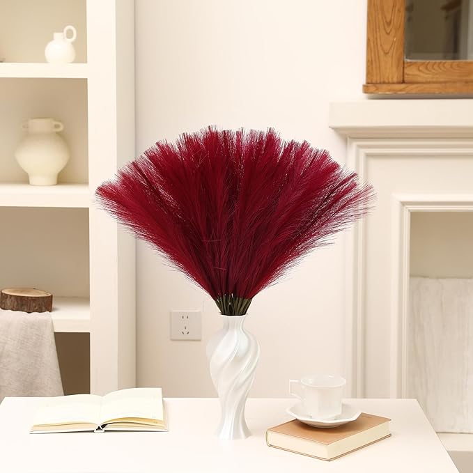 Faux Burgundy Pampas Grass - 30pcs 24 Inch Artificial Pampas Grass Decor Tall, Fake Pompas Grass for Vase Filler, Table Centerpieces, Wedding, Party and Home Decor (Burgundy, 30 Pieces)