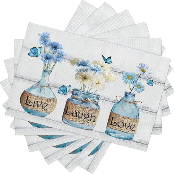 Daisy Flower Placemats Set of 6 Farmhouse Blue White Daisy Floral Table Mats Washable Place mats for Home Party Indoor Kitchen Dining Table Decoration 12x18 Inch