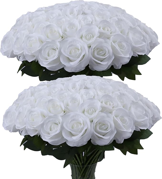 30pcs White Roses Artificial Flowers White Silk Roses with Long Stems Fake Flowers for Wedding Bouquet Centerpices Decorations Party Bridal Baby Shower Home Decor