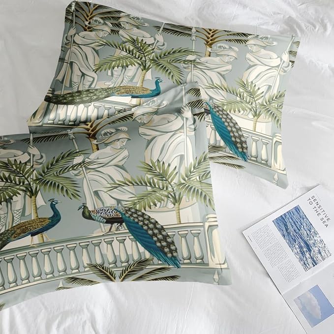 Comforter Set Twin Size, Peacock Bird Animal 5 Pcs Bedding for Kids and Adults, Floral Botanical Grey Green Bed Sheet Sets with Fitted Sheet Pillowcase & Sham for Bedroom Bed Decor