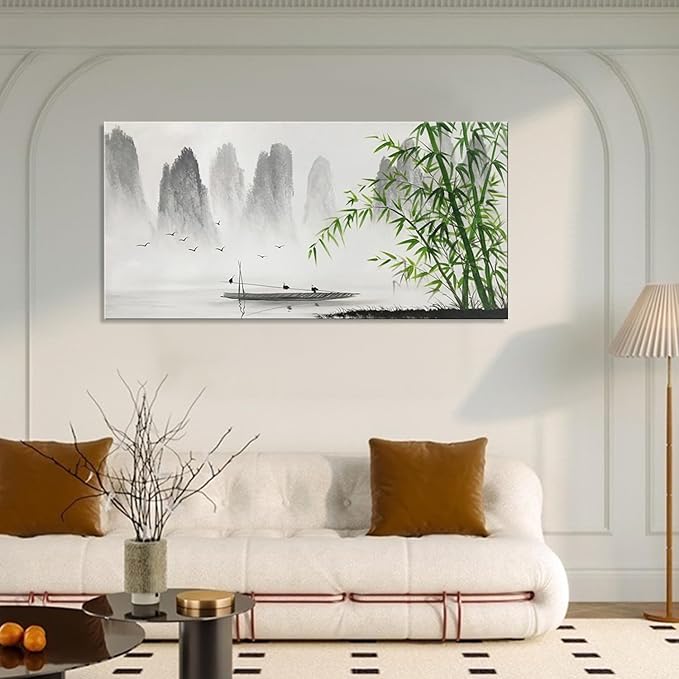 Winpeak Art Traditional Chinese Painting Black and White Landscape Canvas Wall Art Bamboo Artwork