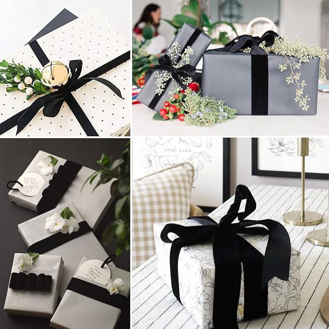 Black Velvet Ribbon 3/8 Inches x 5 Yards for Gift Wrapping, Crafts, Christmas Tree, Wreath, Bow Making, Vintage Fabric on The Spool for DIY