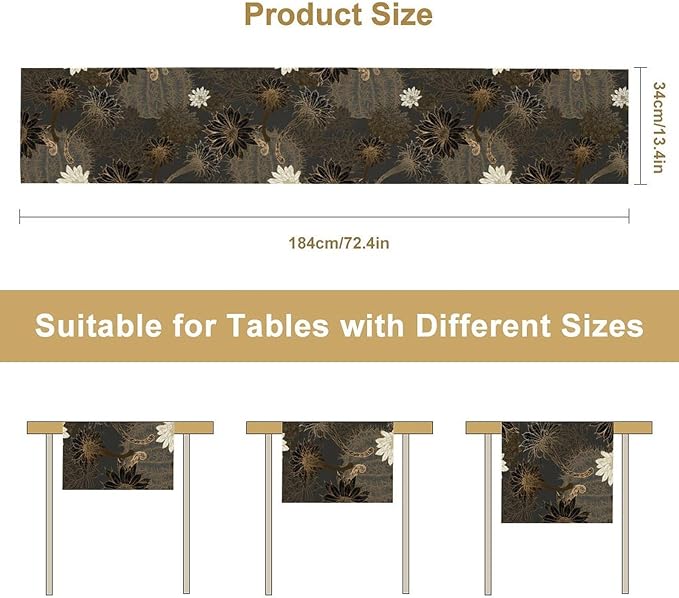 Vintage Floral Table Runner,Black Gold Floral Art Print Table Runner for Home Kitchen Table Dining Indoor Outdoor Party Decor 13x36 Inch