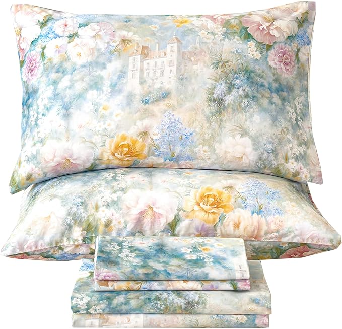 Zusbest Full Size Sheets Luxury Floral Bed Sheet Set 100% Cotton, Satin Weave Soft Breathable for Hot Sleepers Romantic Peony Flowery Printed Cottagecore Bedding Deep Pocket 17.5‘’ Bed Set 4Pcs