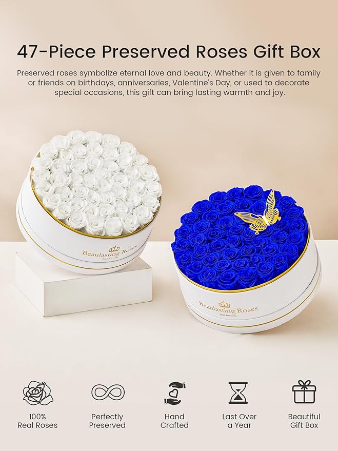 Preserved Roses Forever Flowers Real Roses in a Box Mother's Day Birthday Flowers for Her Mom Women Wife Valentine's Day, 47 Royal Blue Roses