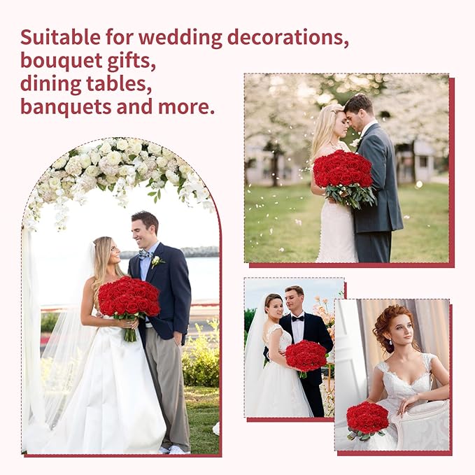 102 PCS Red Roses Artificial Flowers, Fake Red Rose Bouquet, Artificial Silk Red Roses with Stems for Wedding Flowers Decoration, Valentines Day Mothers Day, Bridal Bouquet Roses