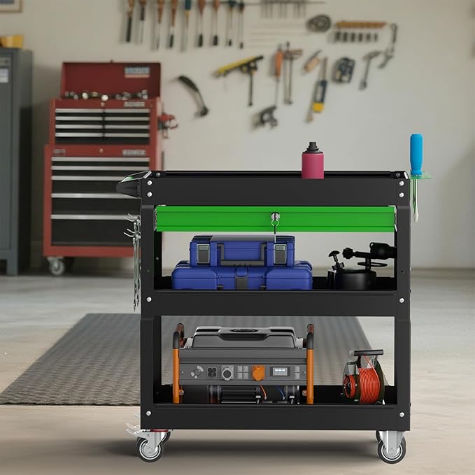 3 Tier Rolling Tool Cart on Wheels, 450 LBS Capacity Tool Cart with Drawers, Heavy Duty Rolling Utility Cart on Wheels, Rolling Work Carts for Garage, Warehouse and Repair Shop,Black Green