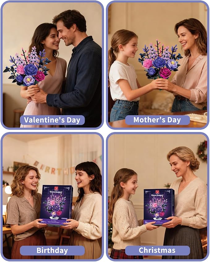 Flowers Bouquet Building Set - Purple Roses Botanical Collection Building Blocks for Adult Women, Artificial Flowers Gothic Home Decor Christmas Birthday Gift for Adults Kids Girls 6-12