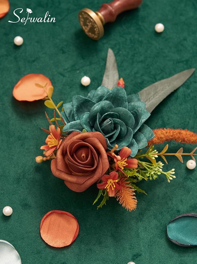 Serwalin Set of 2 Boutonniere for Men, 6-7inch Corsage Groom and Best Man Boutonnieres for Wedding Prom Ceremony Anniversary Party Cake Topper, Teal Orange