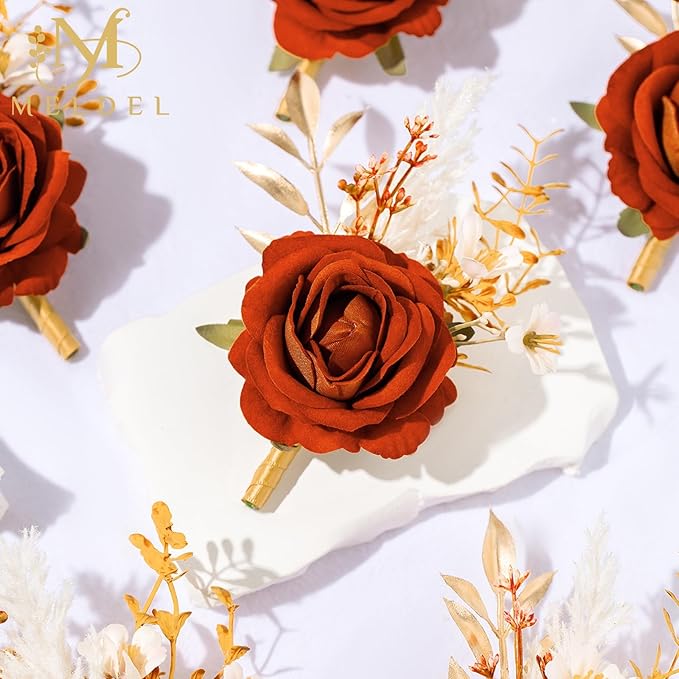 Meldel Burnt Orange Velvet Rose Boutonniere for Men,Set of 6,Groom and Best Man Boutonnieres with Artificial Flower,for Wedding Ceremony Anniversary, Dinner Party, Fall Vintage Rustic Marriage Prom