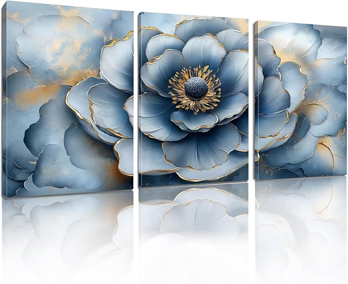 Kewhush Blue Wild Rose Canvas Wall Art, Floral Canvas Prints, Flower Blooming Set of 3 Pictures, Rose Wall Decor, Gold Accent Decor, Modern Artwork for Living Room, Bedroom (16" x 24" x 3 pcs)