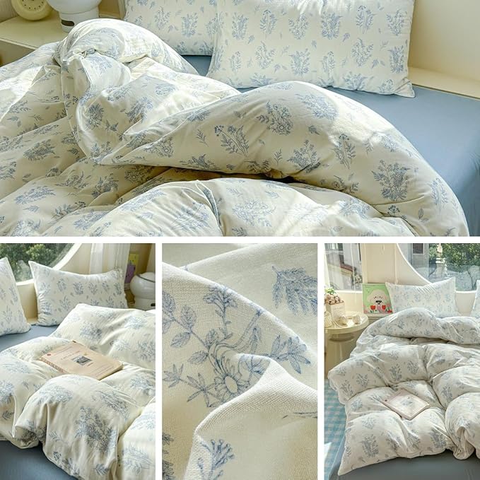 LifeTB Muslin Duvet Cover Set Twin Vintage Botanical Floral Duvet Cover 100% Cotton Linen Feel Flower Bedding Set Super Soft Gauze Comforter Cover Breathable Lightweight Cottagecore Bedding Set