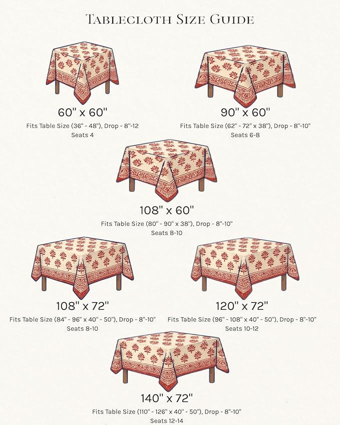 ATOSII Amara 100% Cotton Fall Tablecloth, Handblock Floral Print Rectangle Linen for Kitchen Dining I Parties Wedding Outdoors Picnics Easter I Spring Summer 72 X 108 Inches I 8 Seater Table