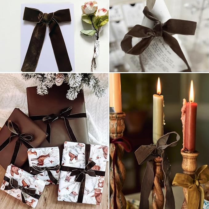 Brown Velvet Ribbon - 3/8 Inch x 10 Yards for Gift Wrapping, Crafts, Christmas Decor, Bow Making, Vintage Fabric