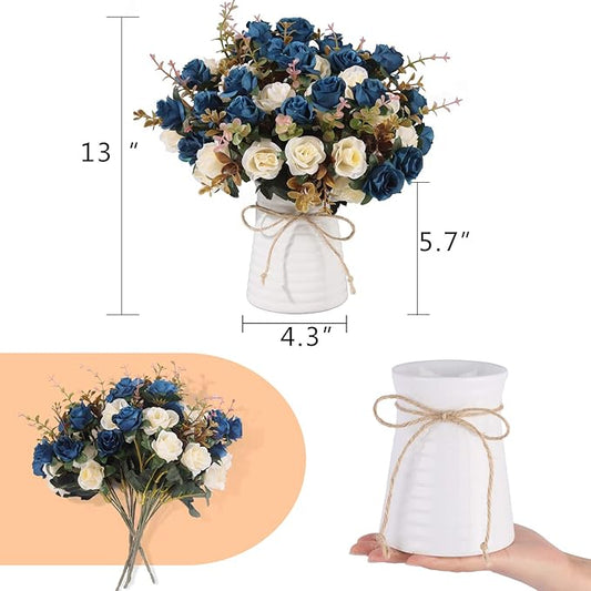 Lifelike Artificial Rose Bouquets and Ceramic vases, Fake Silk Roses, Suitable for Wedding, Dining Table, Office, Party and Home Decoration(Blue)