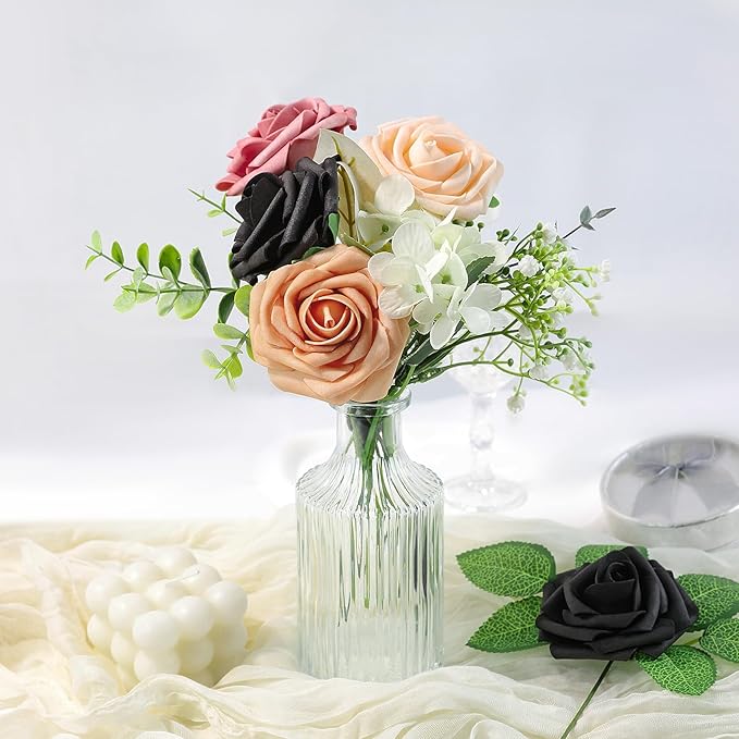 Meldel Artificial Flower 25pcs Real Touch Black Rose Fake Foam Roses with Stems for DIY Wedding Bouquets Gifts Bridal Shower Faux Floral Centerpieces Arrangements Home Party Tables Decorations