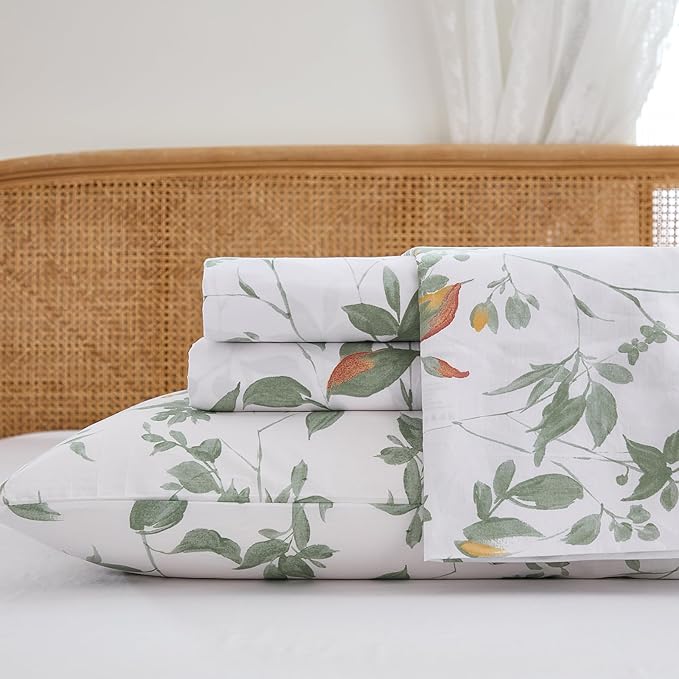 100% Cotton Sheets Set Queen Size – 4 Pieces Luxury Breathable Percale Cotton Bedding with Deep Pockets, Crisp Cool Feeling, Soft&Durable, Refined Botanical Elegance, Green Floral Bed Sheets