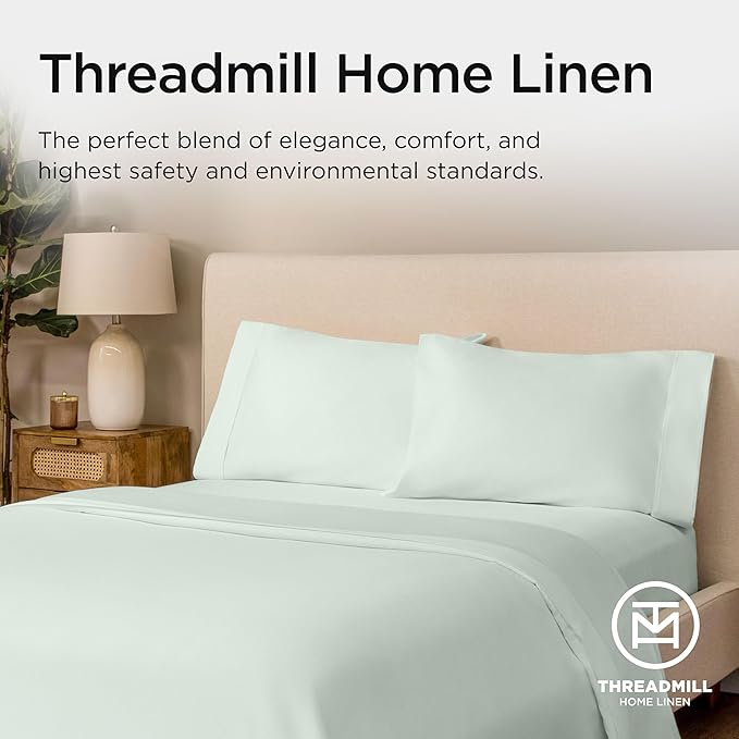 Threadmill Supima Cotton Queen Sheet Set, 1200 Thread Count Queen Sheets for Queen Mattresses, 4 Piece American Luxury Bed Sheets, Sateen Hotel Quality Sheets with Elasticized Deep Pocket, Seaglass