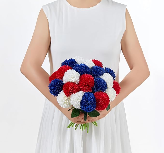 SITUMEIZI 12 Pcs Artificial Chrysanthemums Flowers Ball Flower Fake Mums Silk for Wedding Home Kitchen Decoration Floral Arrangement(Red,Blue,White)