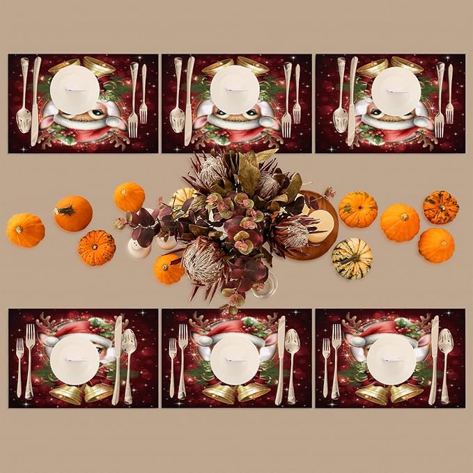 Christmas Xmas Bells Deer Placemats Set of 6 PVC Vinyl Non Slip Table Mats Heat Resistant Place Mats Washable Wipeable Dining Table Mat for Kitchen Decor Party Indoor Outdoor Decorative Gift