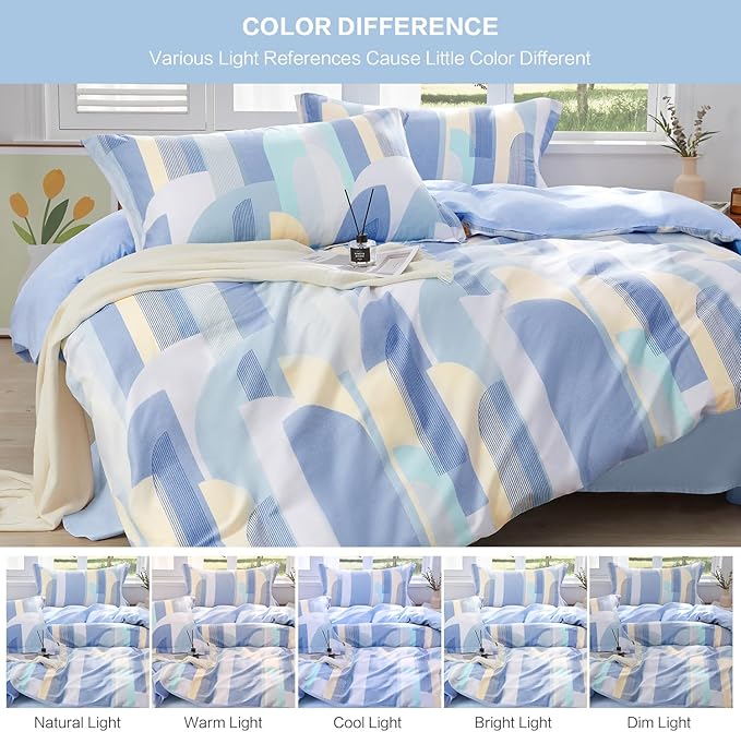 SAPHREAS Blue Geometric Pattern Duvet Cover Set 3pcs Queen Size 100% Cotton Colorful Blocks Bedding Comforter Cover Set 1 Duvet Cover 2 Pillow Cases