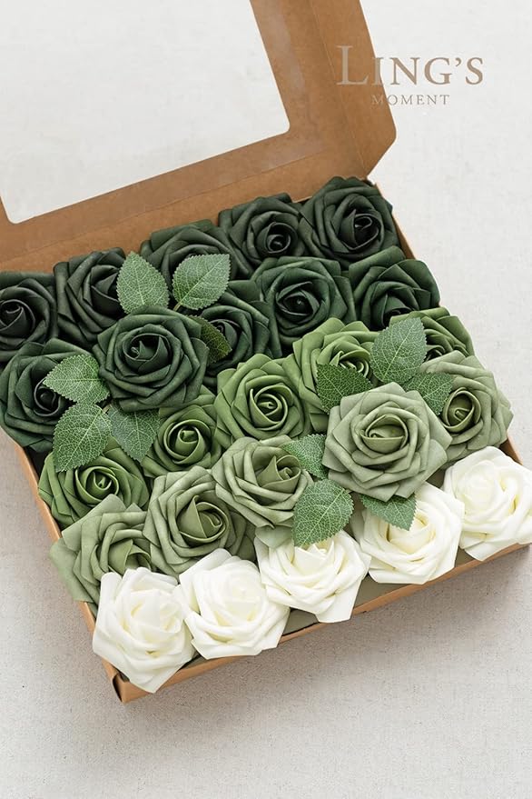 Ling's moment Artificial Flowers, 50Pcs 3" Roses in Emerald Green Shades, Realistic DIY Foam Floral Fill for Wedding Bouquets/Centerpieces, Outdoor Party Backdrops, Room/Table, Garden/Pot Decorations