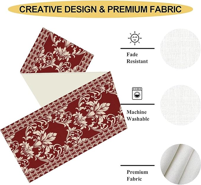 Damask Table Runner, Red Rustic Damask Antique Floral Retro Boho Art Pattern Linen Coffee Table Center Decor for Home Kitchen Dining Decorations Indoor Outdoor 13x72 inch