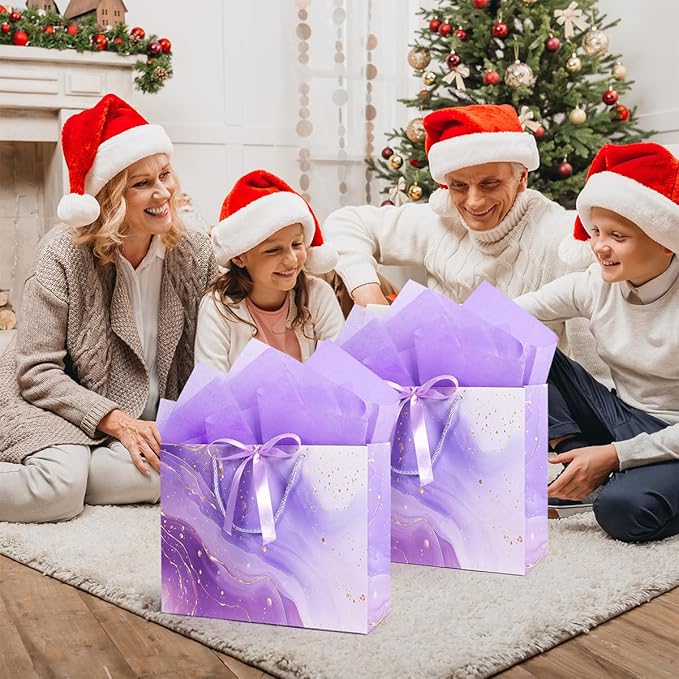 Purple Gift Bags, 2PCS 13” Large Gift Bags with Tissue Paper and Greeting Cards, Gift Bag with Handles Bow for Women Girls, Purple Gift Bags for Birthday Wedding Bridal Baby Shower Anniversaries