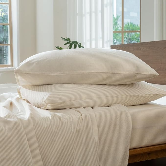 MooMee Striped Duvet Cover Set 100% Washed Cotton Linen Like Textured Breathable Durable Soft Comfy (Almond Milk Grey Pinstripes, Oversized King Plus 128"x120")