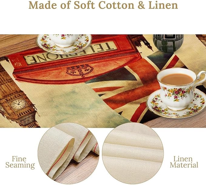 British Table Runner, Seasonal Vintage Buildings England London Culture Element Coffee Table Center Decor for Home Kitchen Dining Patio Holiday Party Table Decorations 13x108 inches