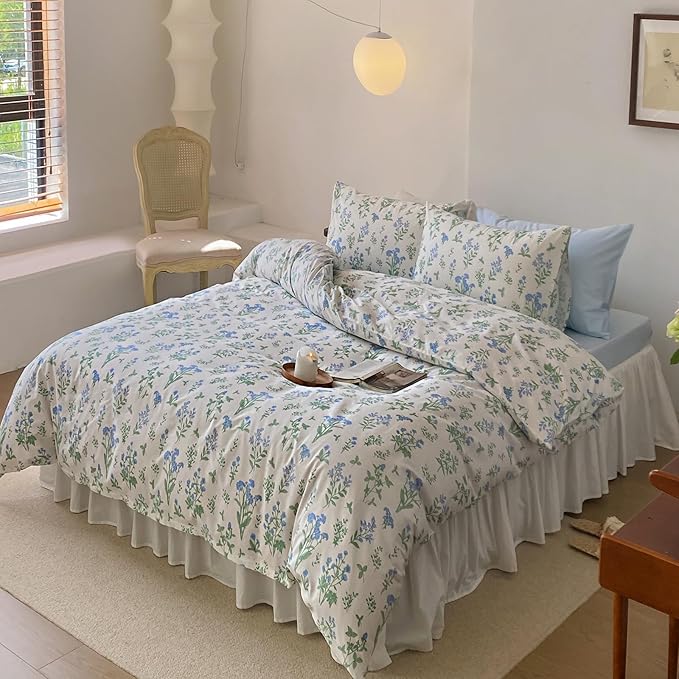 HighBuy Blue Floral Comforter Set King White Green Botanical Bedding Comforter Set Bed Soft Cottagecore Blue Flowers Bedding Set Coquette Aesthetic Farmhouse,1 King Comforter with 2 Pillowcase