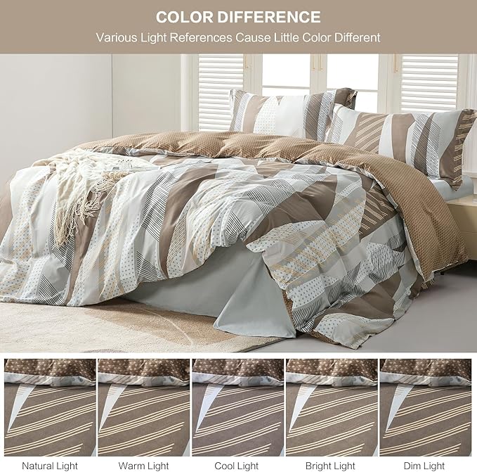 SAPHREAS Dot Stripes Geometric Pattern Duvet Cover Set King Size Microfiber Brown Khaki White Patchwork Bedding Comforter Cover Set 1 Duvet Cover 2 Pillow Shams