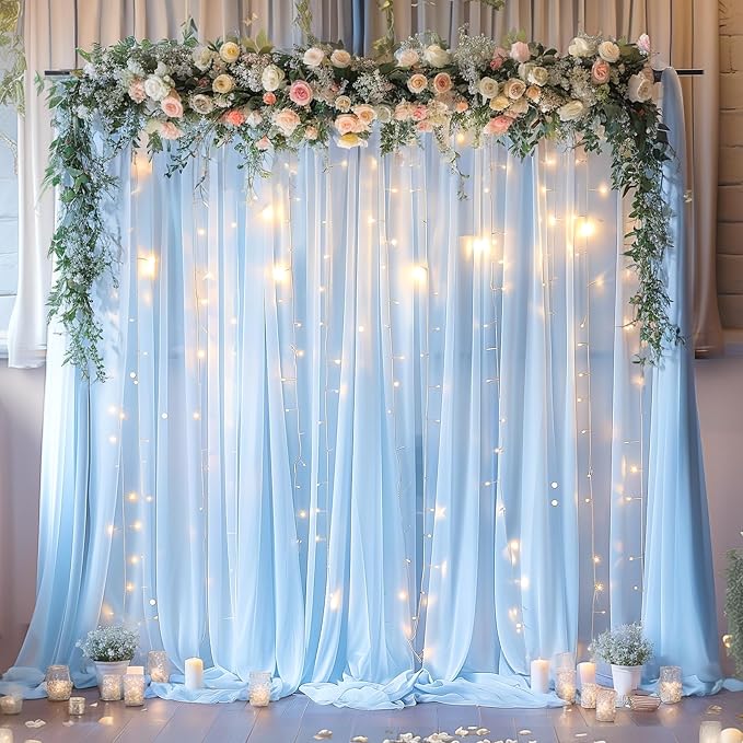 20ft x 10ft Blue Backdrop Curtain with Lights String for Parties, Sheer Tulle Wedding Photo Backdrops Drapes for Baby Shower Birthday Party Decorations Background for Photography