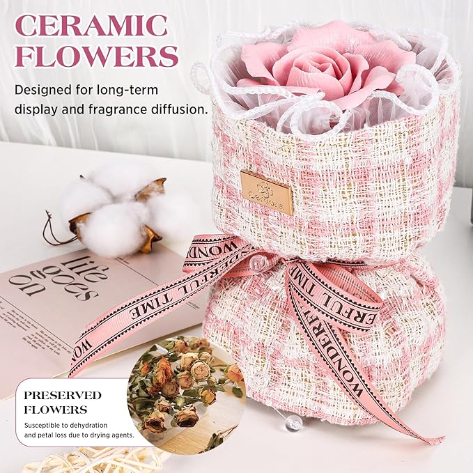 Handmade Ceramic Memorial Gift - Eternal Pink Rose Bouquet with Natural Fragrance, Ceramic Craft Artwork, Perfect for Women, Mothers, Wives, Her Birthday Gift
