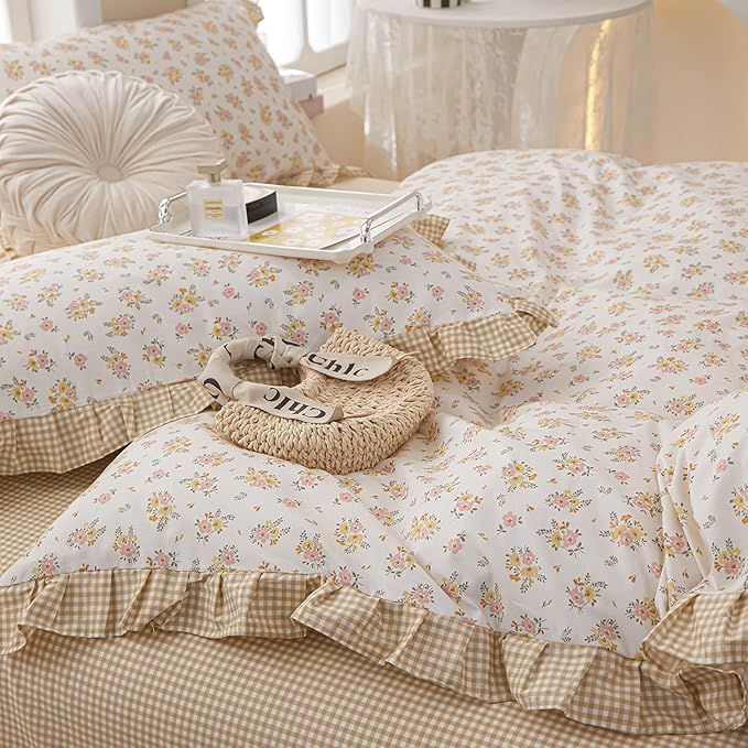 Floral Ruffle Duvet Cover King Chic Floral Lace Duvet Cover 100% Cotton Flower Bedding Set Romantic Ruffle Comforter Cover Vintage Garden Style Botanical Duvet Cover Girls Princess Bedding Set King
