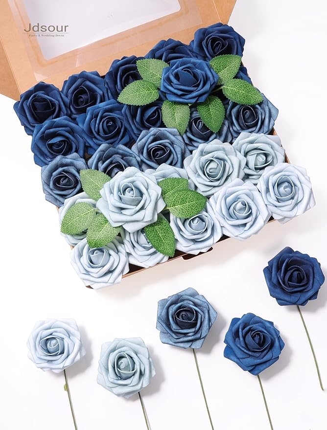 25pcs Artificial Flower,Real Looking Foam Roses w/Stem for DIY Wedding Bouquets Centerpieces Bridal Shower Party Decor-Shades of Navy Blue