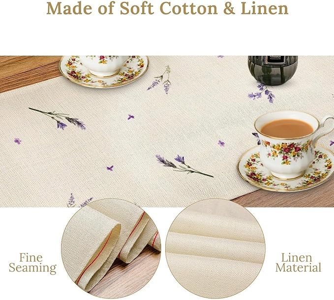Purple Floral Table Runner, Spring Summer Watercolor Lavender Flower Country Farmhouse Coffee Table Center Decor for Home Kitchen Dining Patio Holiday Party Table Decorations 13x90 inches