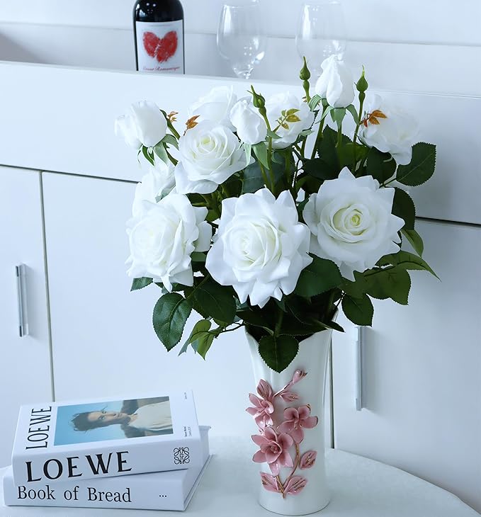 White Fake Flowers for Wedding Decor,Realistic Artificial Flowers Indoor 5 Bouquets(15 Heads) for Room Decor,Real Touch Fake Roses for Bathroom Garden Kitchen Cake Bride Centerpieces Backdrop Decor