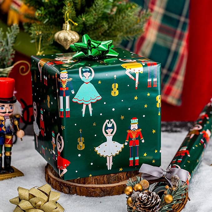 MAYPLUSS Christmas Wrapping Paper Roll - 17 Inch X 33 Feet - Vintage Metallic Foil Green and Gold Nutcracker Ballet Holiday Present Gift Wrap Paper for Christmas, Party, Winter Festive Celebrations